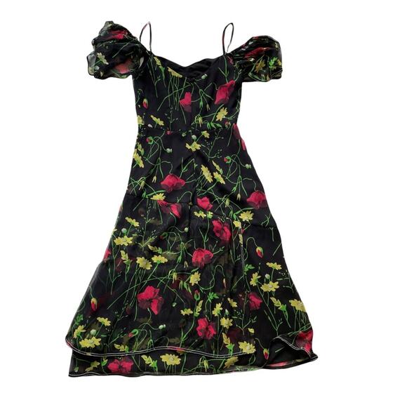 Jason Wu Grey Silk Chiffon Off Shoulder Dress Floral Black Multi Midi 2 GUC - Picture 13 of 14